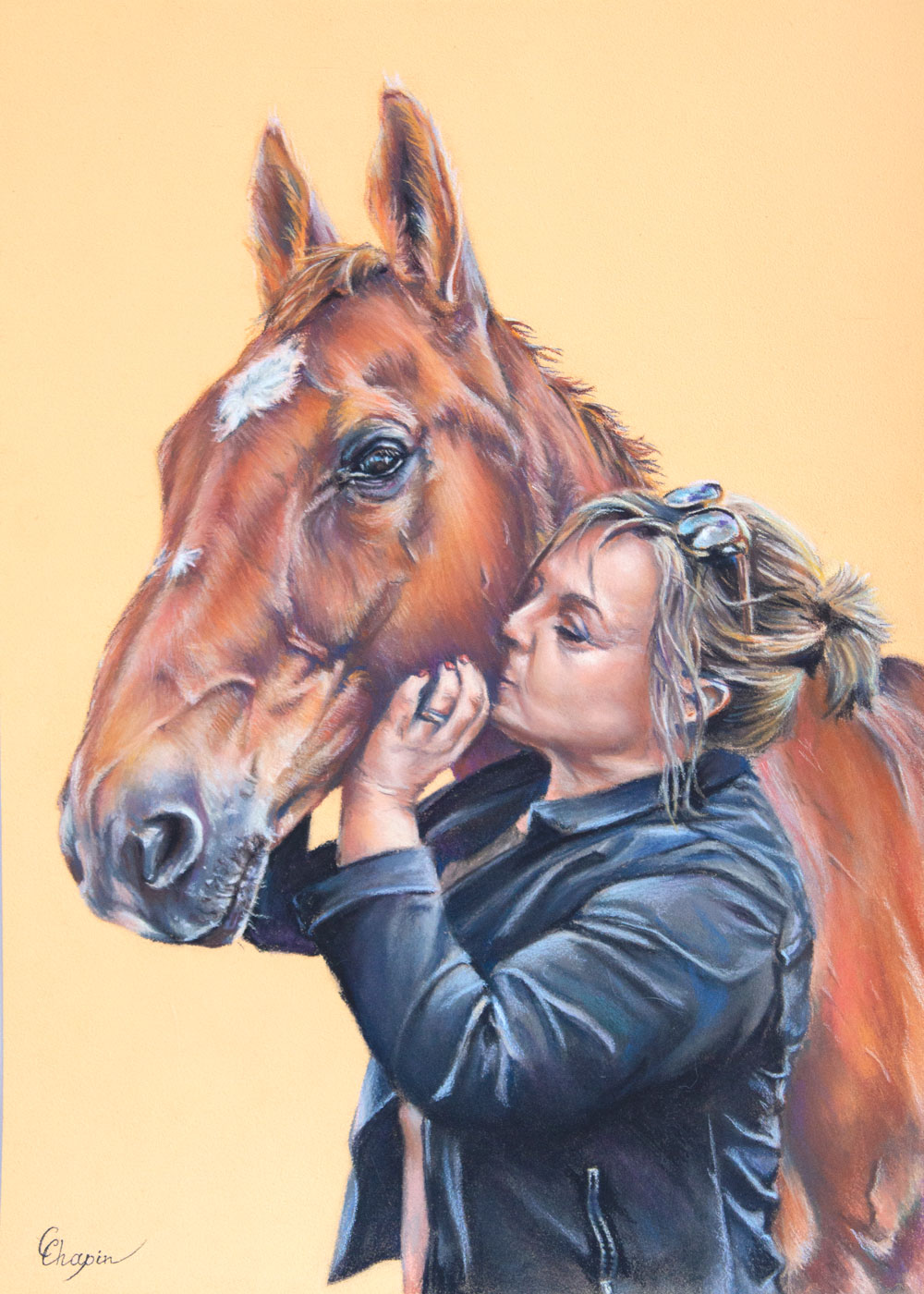 Portrait au pastel du cheval Garant et son humaine